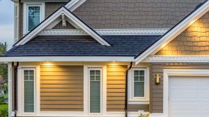 close-up of siding and roofing on a home