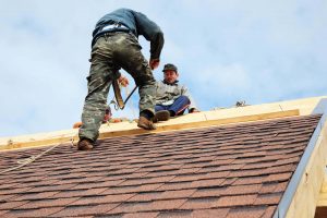 Roofing contractors with safety ropes, fall protection are finishing to install asphalt roof shingles on the roof ridge of the house roofing construction.